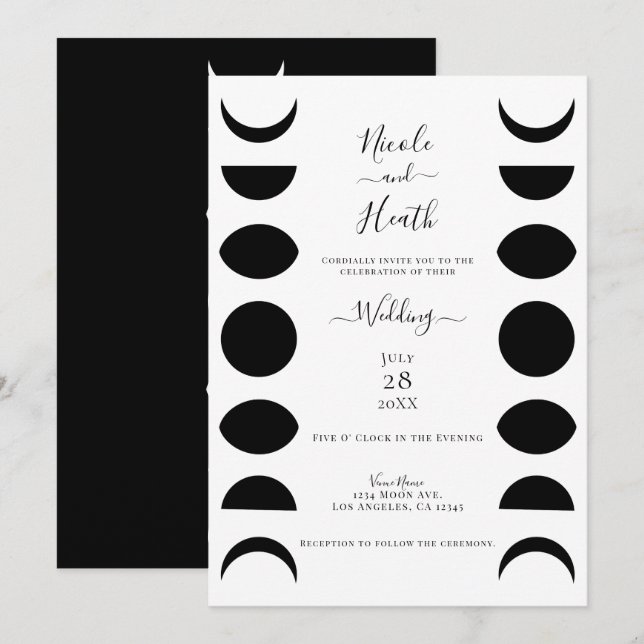 Convites Fases Lunares Ciclos Casamento Preto e Branco (Frente/Verso)