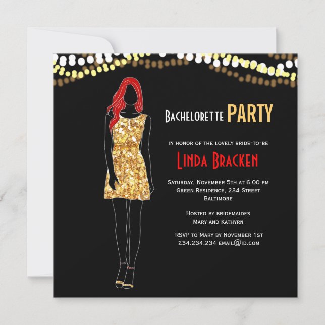 Convites Fashion Girl Dress Lights Bachelorette (Frente)
