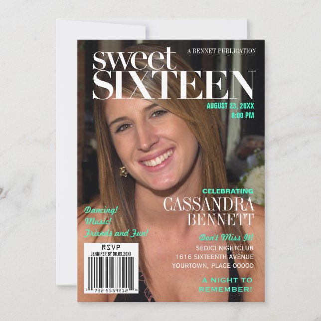 Convites Fashion Magazine Turquoise Doce 16 Festas (Frente)
