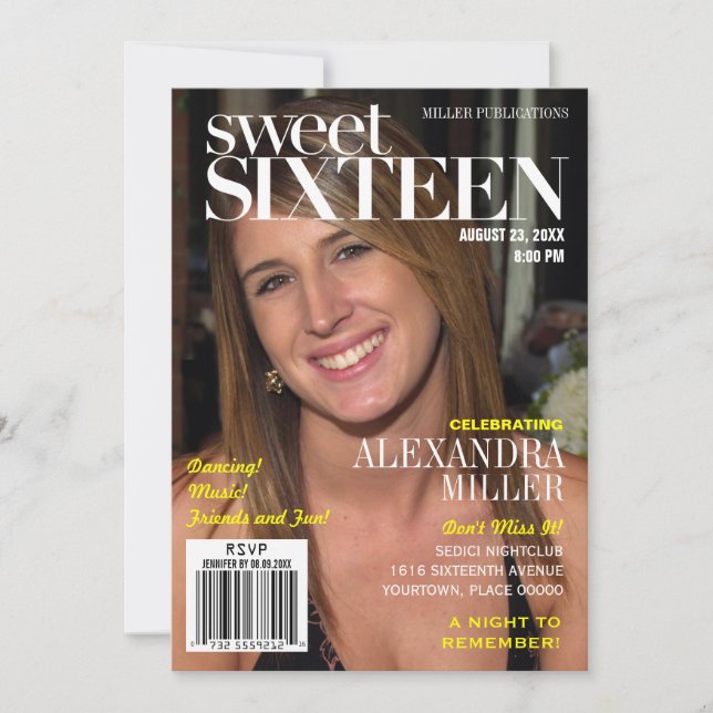 Convites Fashion Magazine Yellow Sweet 16 Party (Frente)
