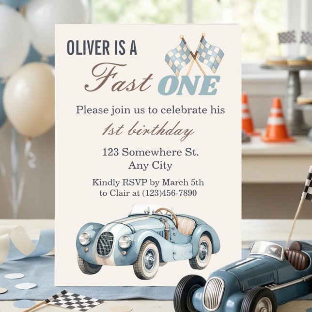 Convites Fast One 1st Birthday Blue Race Car Boy (Fast One 1st Birthday Blue Race Car Boy Invitation)