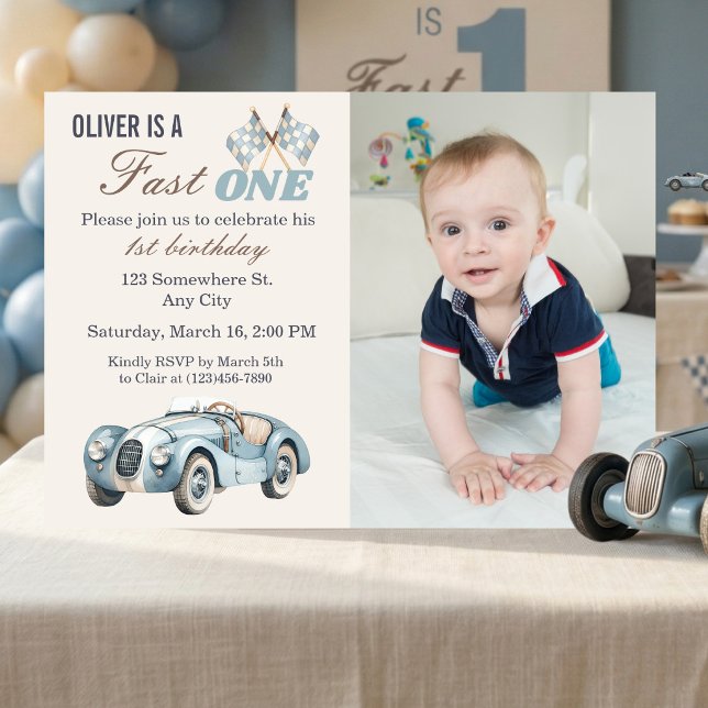 Convites Fast One 1st Birthday Blue Race Car Boy Photo  (Fast One 1st Birthday Photo Invitation )