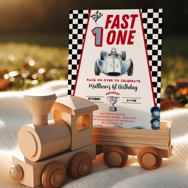 Convites Fast One 1st birthday Boy Racing Car Invitation (Criador carregado)