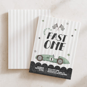 Convites Fast One Boys Green Racecar 1º Aniversário
