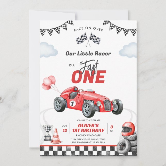 Convites Fast One Race Car Boy 1st Birthday Invitation (Frente)