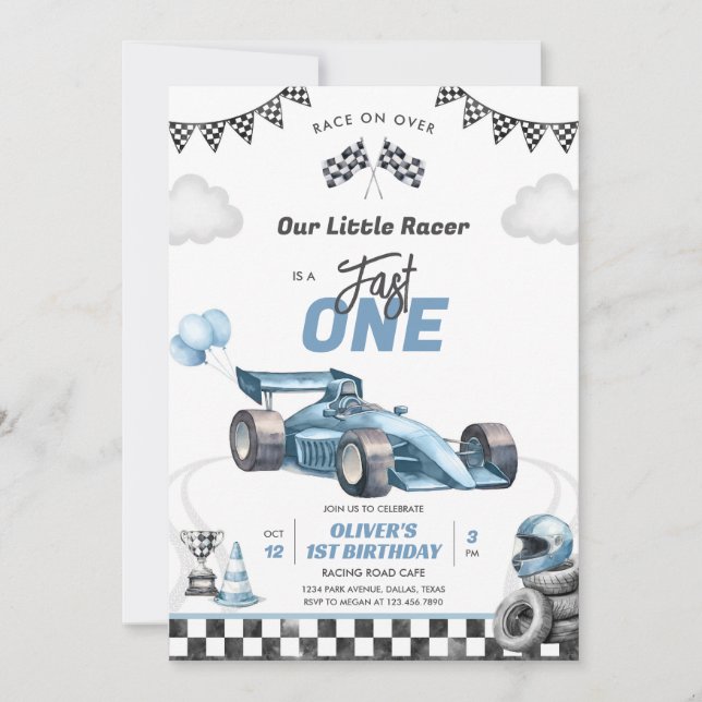 Convites Fast One Race Car Boy 1st Birthday Invitation (Frente)