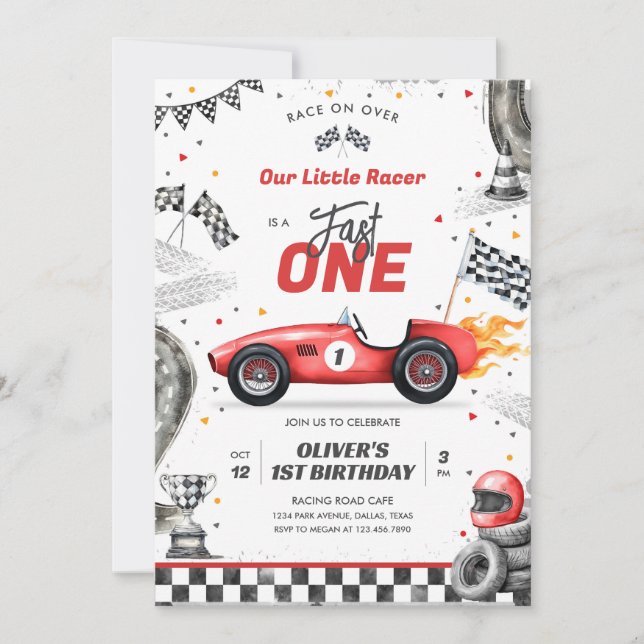 Convites Fast One Race Car Boy 1st Birthday Invitation (Frente)