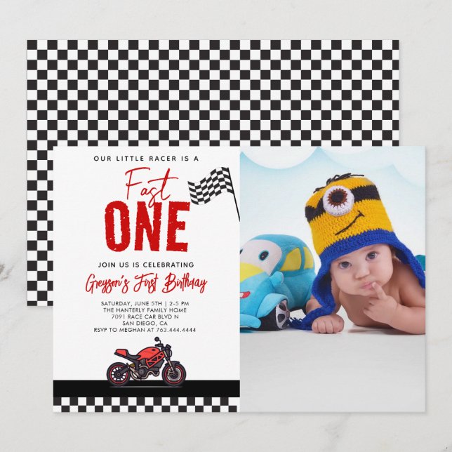 Convites Fast One Race Motorcycle Photo 1st Birthday Party (Frente/Verso)