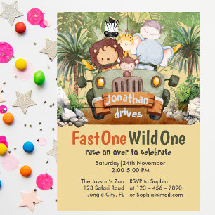 Convites Fast One Wild One Safari Animal Car primeiro anive