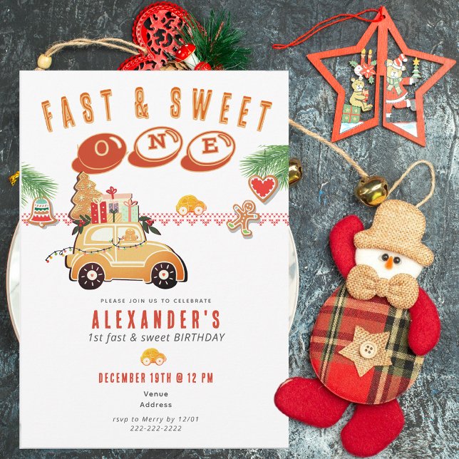 Convites Fast Sweet Christmas Gingerbread Car 1st Birthday (Fast & Sweet Christmas Gingerbread Car 1st Birthday Festive Cookies and Cocoa Kids Party Invitation)