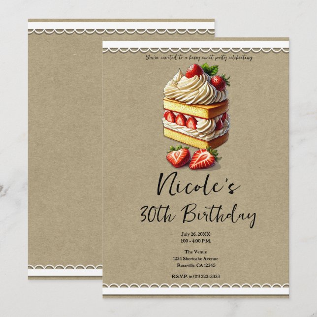 Convites Fatia de Bolo de Morango de Aniversário (Frente/Verso)