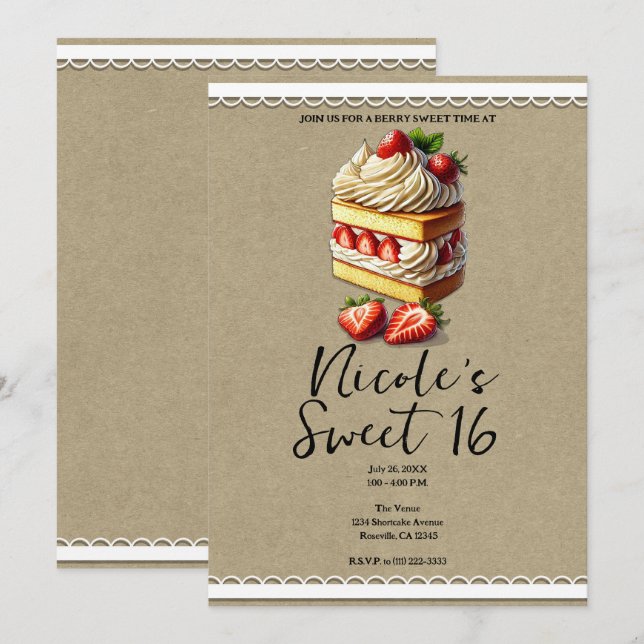 Convites Fatia de Bolo de Morango Sweet 16 Aniversário (Frente/Verso)