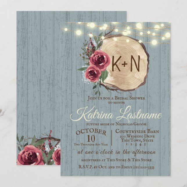 Convites Fatia De Madeira Fatiada Fatia Rústica Luzes De Co (Frente/Verso)