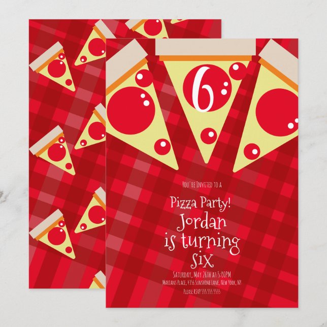 Convites Fatias de Pizza Geométrica Festa Vermelha Aniversá (Frente/Verso)