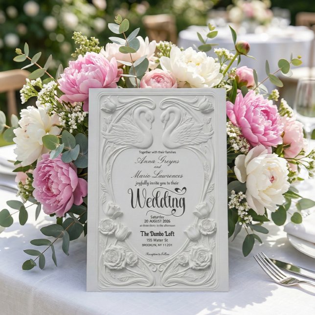 Convites Faux 3D Embossed White Swan Floral Formal Wedding (Criador carregado)