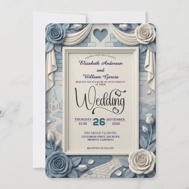 Convites Faux 3D Relief Dusty Blue Floral Wedding  (Frente)
