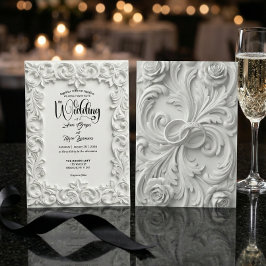 Convites Faux Bas Relief Ornate White Wedding Invitation