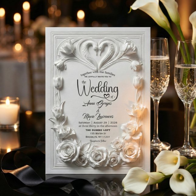 Convites Faux Bas Relief Swans Heart Classical Wedding (Criador carregado)