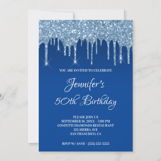 Convites Faux Blue Glitter Drips 50th Birthday (Verso)