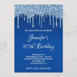 Convites Faux Blue Glitter Drips 50th Birthday