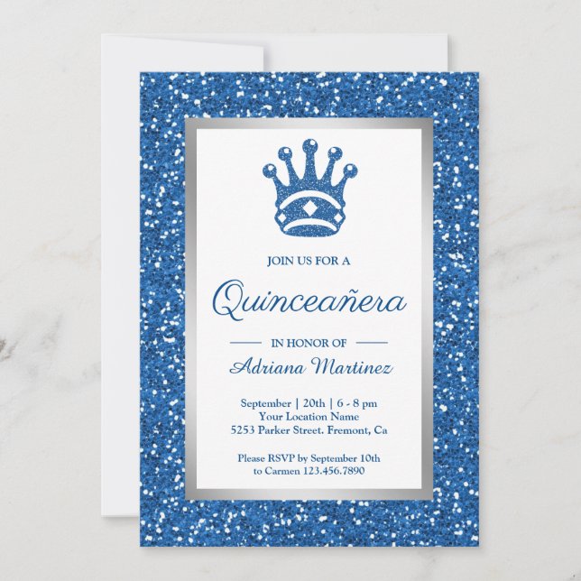 Convites Faux Blue Glitter Tiara Princess Quinceanera (Frente)