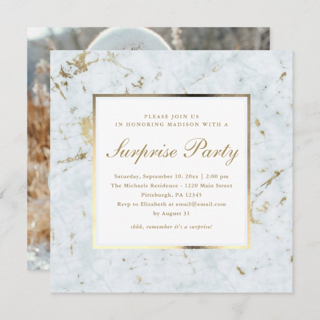 Convites Faux Blue Marble com Photo Surprise Party (Frente/Verso)