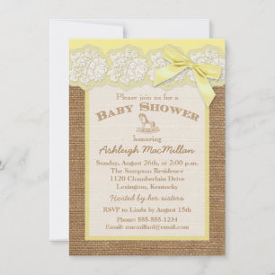 Convites FAUX Burlap Ivory Lace, Chá de fraldas Amarelo Con