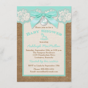 Convites FAUX Burlap Ivory Lace, Chá de fraldas Aqua Convi