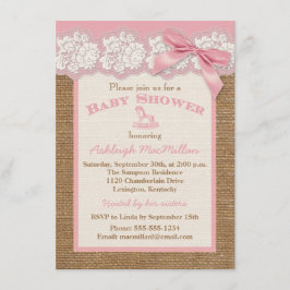Convites FAUX Burlap Ivory Lace, Chá de fraldas Rosa, Convi