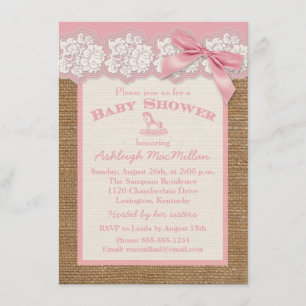 Convites FAUX Burlap Ivory Lace, Chá de fraldas Rosa Convi