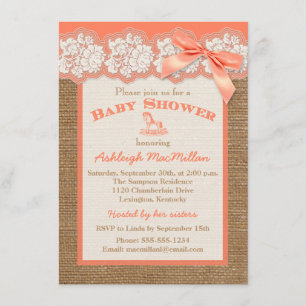 Convites FAUX Burlap Ivory Lace, Orange Chá de fraldas Inv