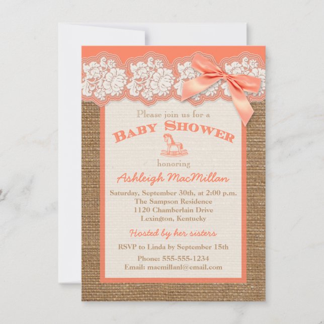 Convites FAUX Burlap Ivory Lace, Orange Chá de fraldas Invi (Frente)