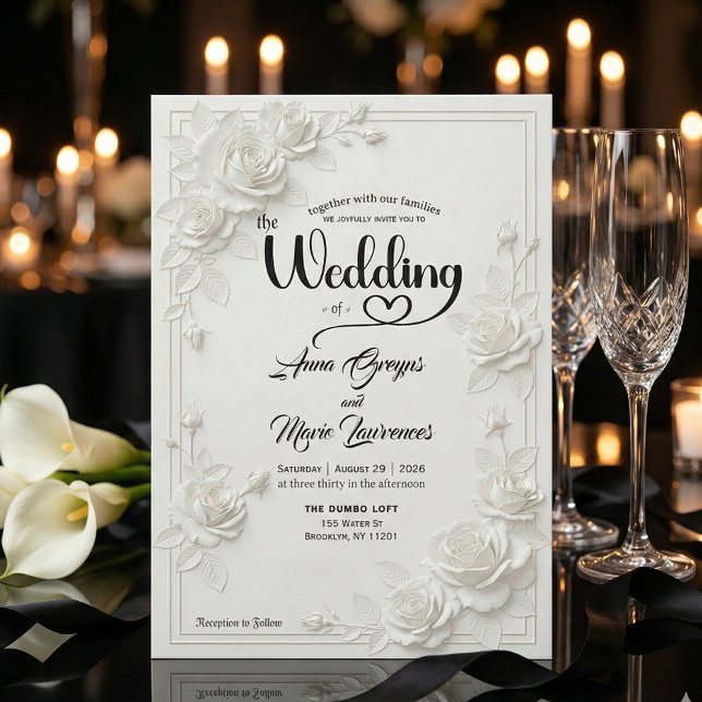 Convites Faux Carved White Rose Bas Relief Floral Wedding  (Criador carregado)