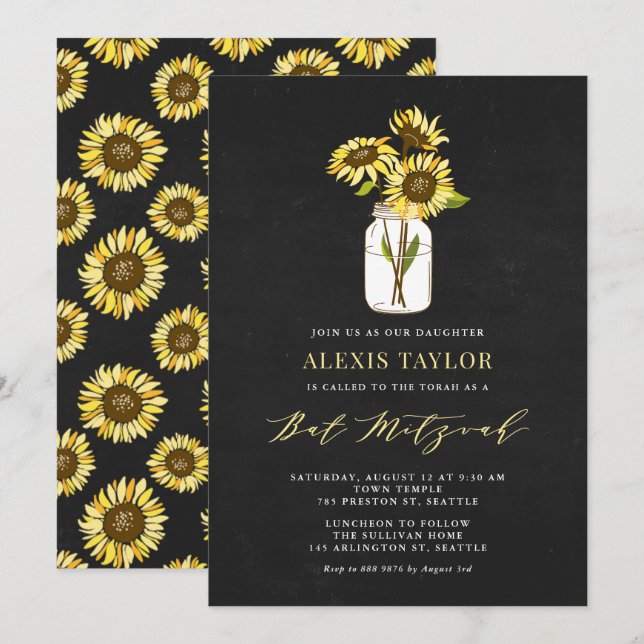 Convites Faux Chalkboard Yellow Sunflower Bat Mitzvah (Frente/Verso)