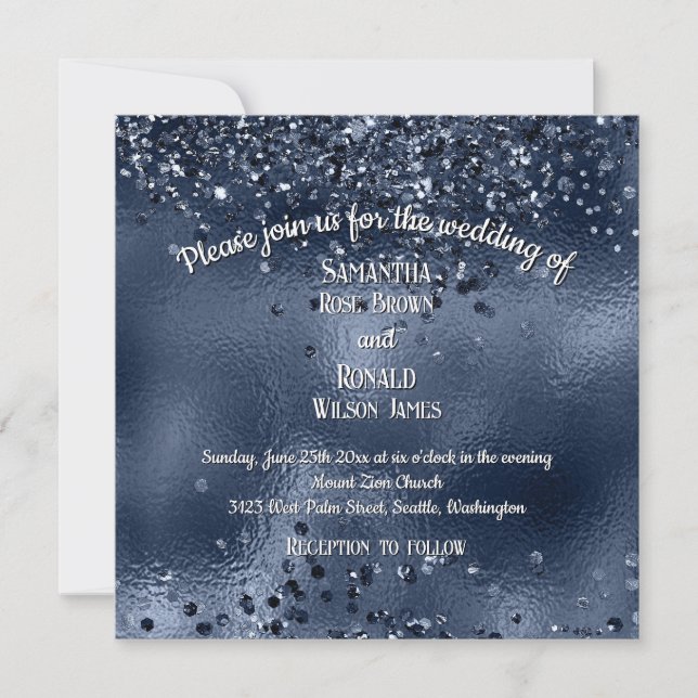 Convites Faux Dark Blue Glitter e Foil Weding (Frente)