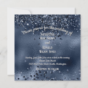 Convites Faux Dark Blue Glitter e Foil Weding