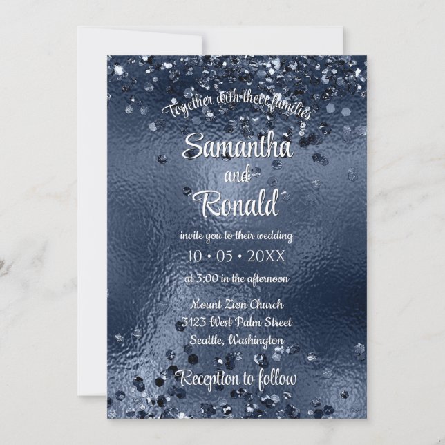 Convites Faux Dark Blue Glitter & Foil Weding (Frente)