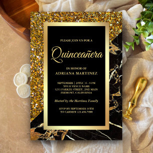 Convites Faux Dourada Glitter Black Marble Quinceanera