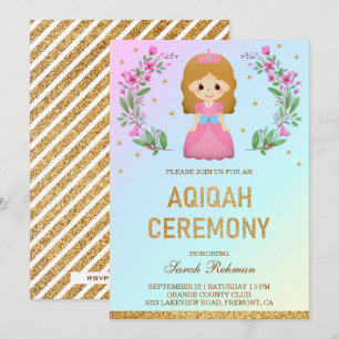 Convites Faux Dourada Glitter Princesa Rosa Rosa Aqiqah