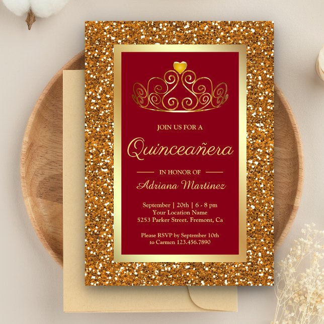 Convites Faux Dourada Glitter Tiara Princess Red Quinceaner (Criador carregado)
