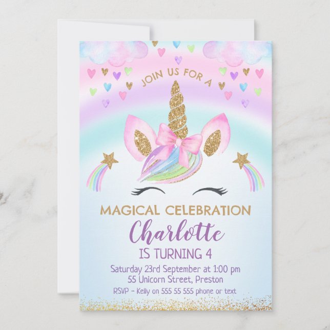 Convites Faux Dourado Arco Unicorn Rainbow Birthday (Frente)