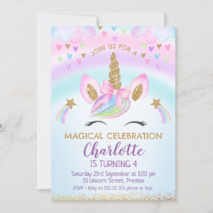 Convites Faux Dourado Arco Unicorn Rainbow Birthday