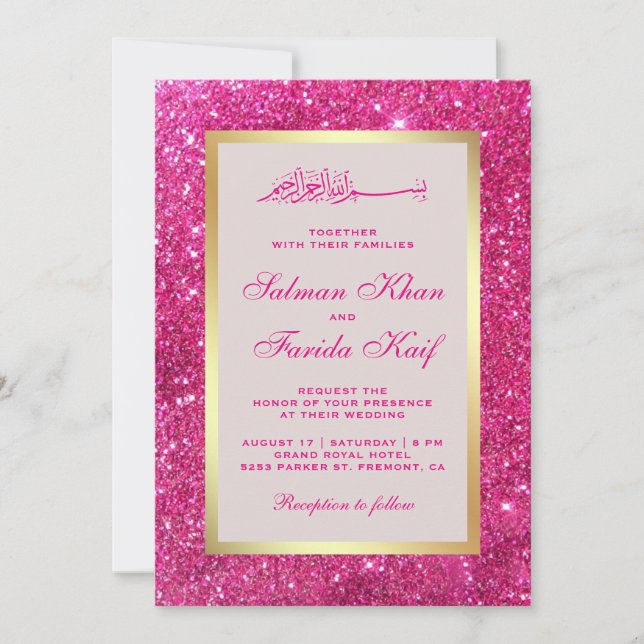 Convites Faux Dourado Brilhante Rosa Glitter Casamento Islâ (Frente)