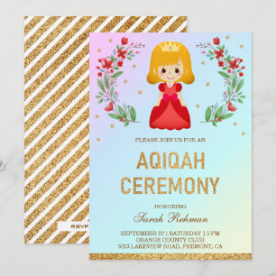Convites Faux Dourado Brilho Cute Princesa Vermelha Aqiqah
