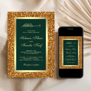 Convites Faux Dourado Brilho Esmeralda Casamento Islâmico M