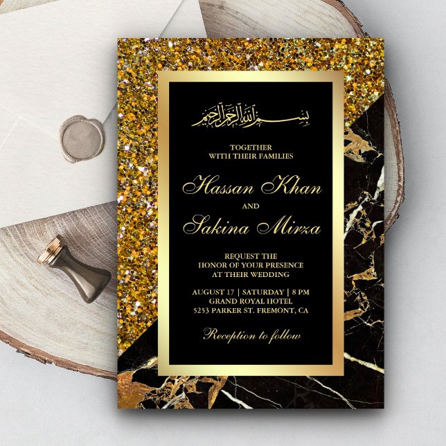 Convites Faux Dourado Brilho Preto Dourado Mármore Casament (Criador carregado)