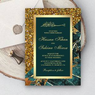 Convites Faux Dourado Brilho Verde Água Mármore Casamento M