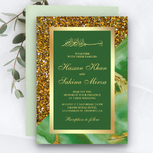 Convites Faux Dourado Brilho Verde Mármore Casamento Muçulm