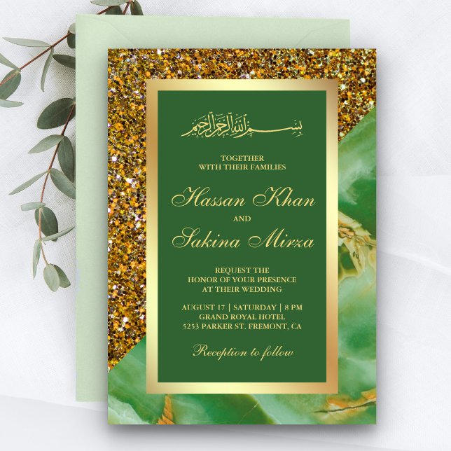 Convites Faux Dourado Brilho Verde Mármore Casamento Muçulm (Criador carregado)
