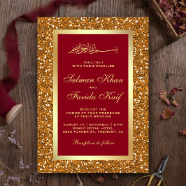 Convites Faux Dourado Brilho Vermelho Casamento Islâmico Mu